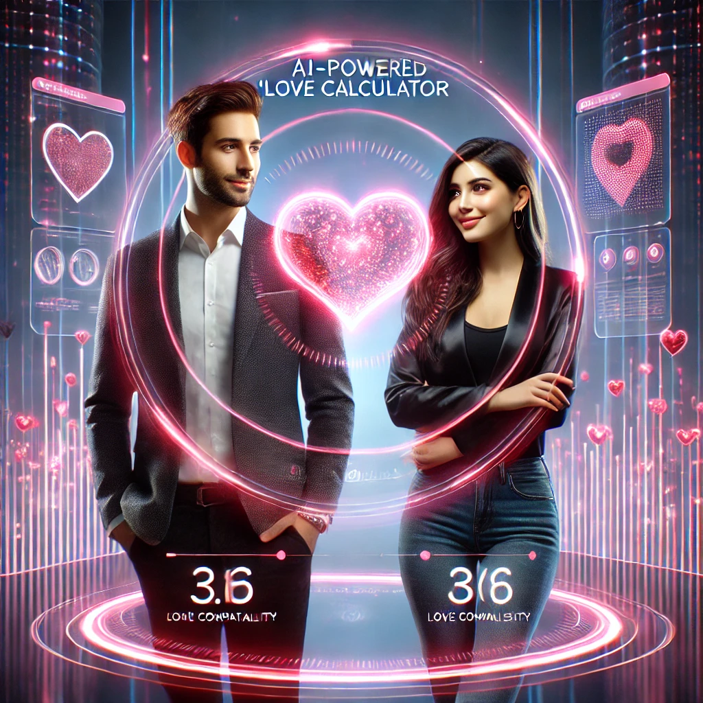 love calculator, AI love calculator, love compatibility test, relationship compatibility, free love test, couple love calculator, online love percentage, AI-powered love match, romantic compatibility, best love calculator, love test online, AI relationship tool, love score predictor, futuristic love compatibility, couple love analysis